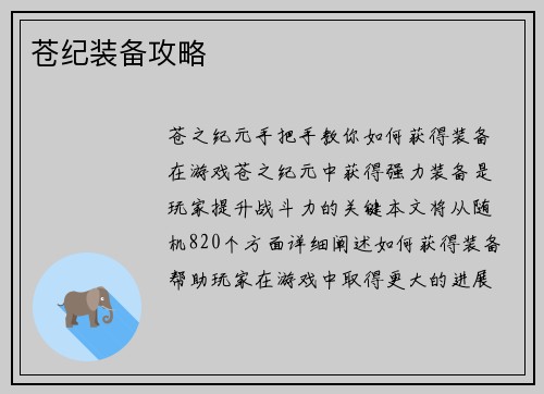 苍纪装备攻略